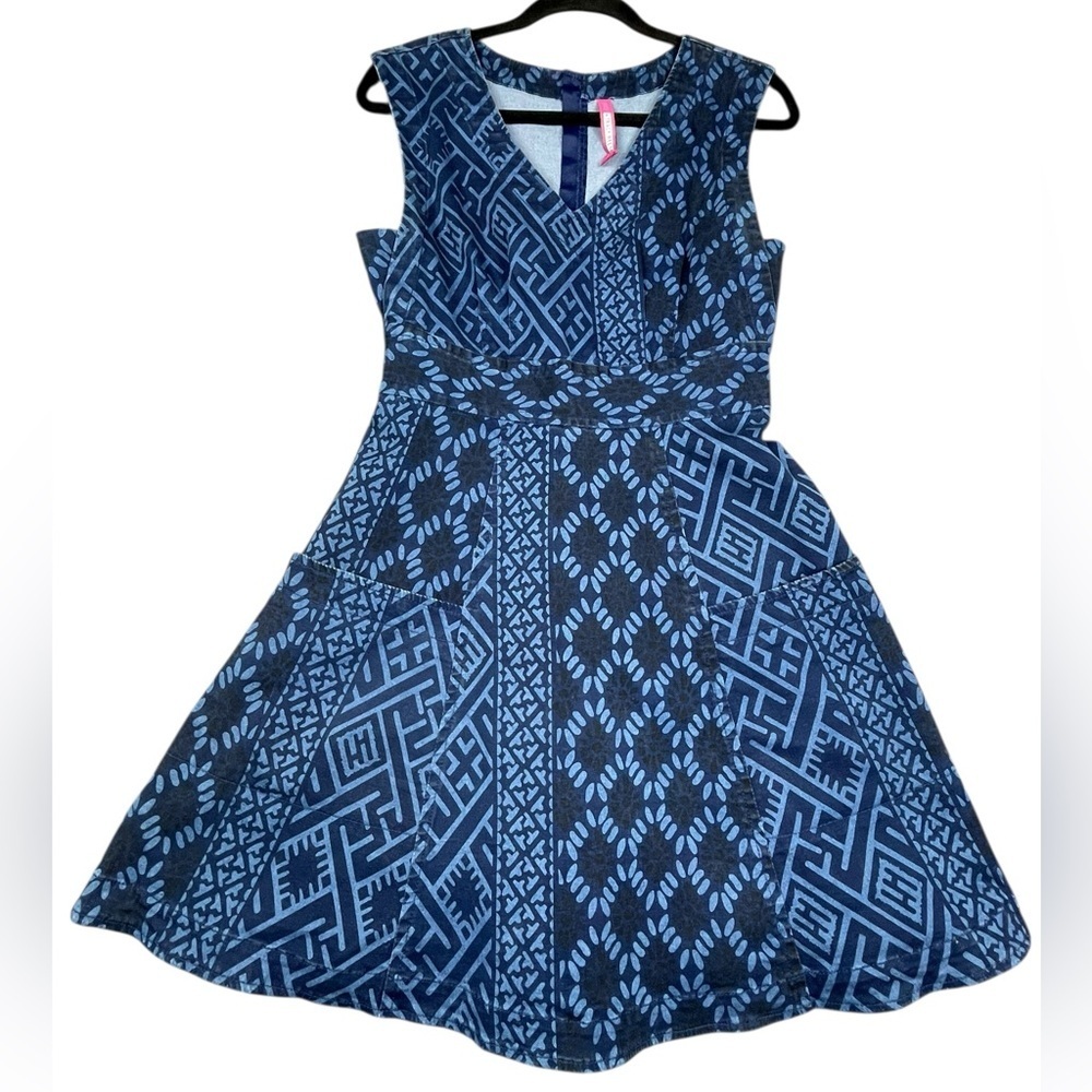 Anthropologie Plenty Blue Diamond Denim Fit& Flare Preppy Casual Fun Dress -Sz 4